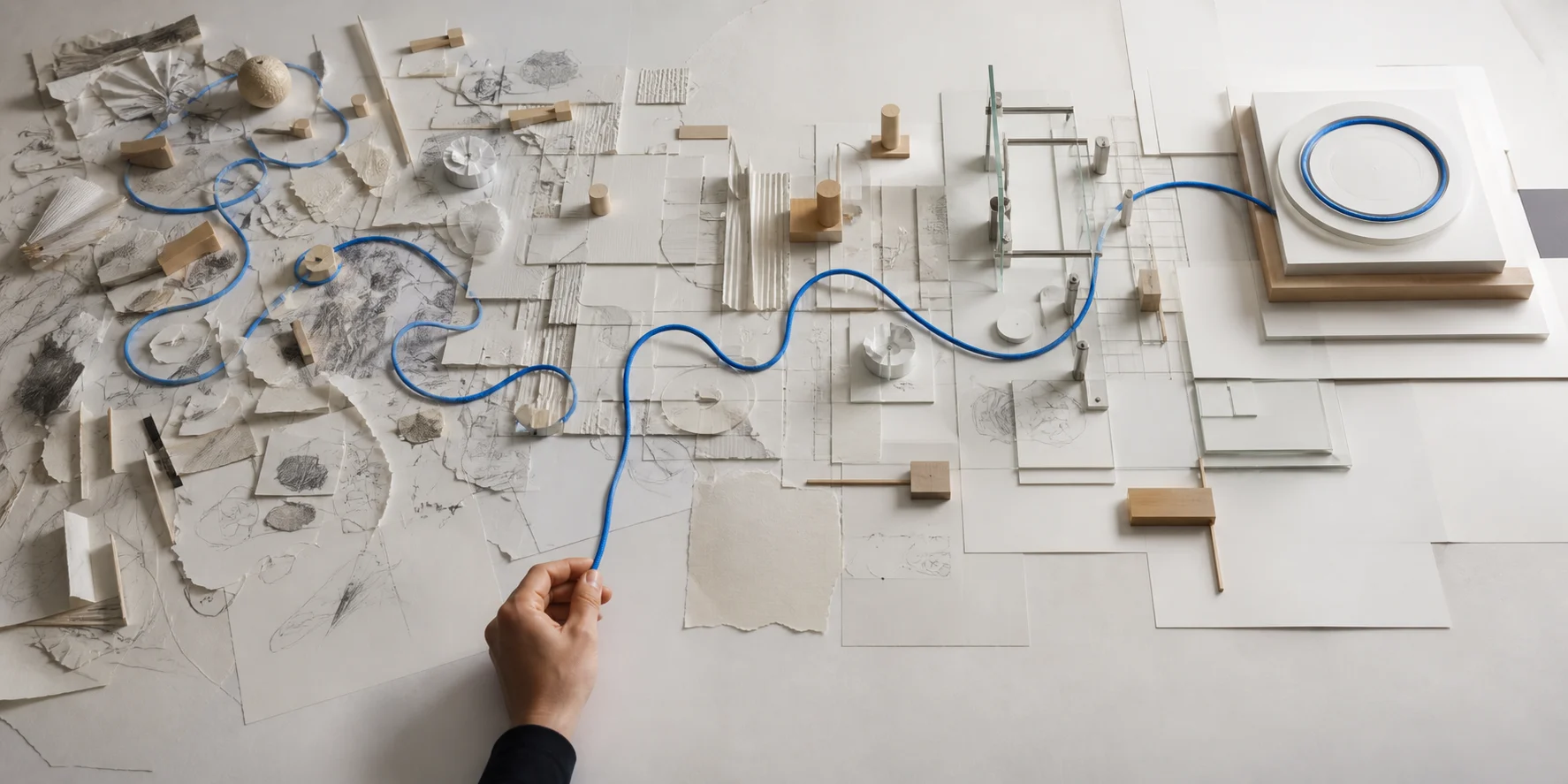 A blue line held in a person’s hand connects fragmented work to a finished result