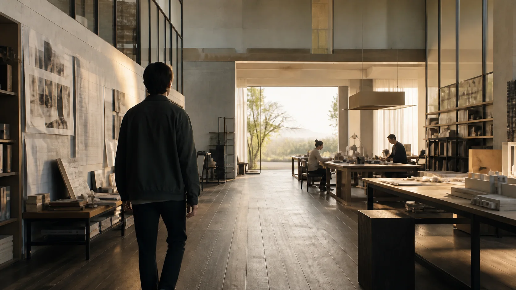 A builder entering a warm studio where ambitious work is already in motion