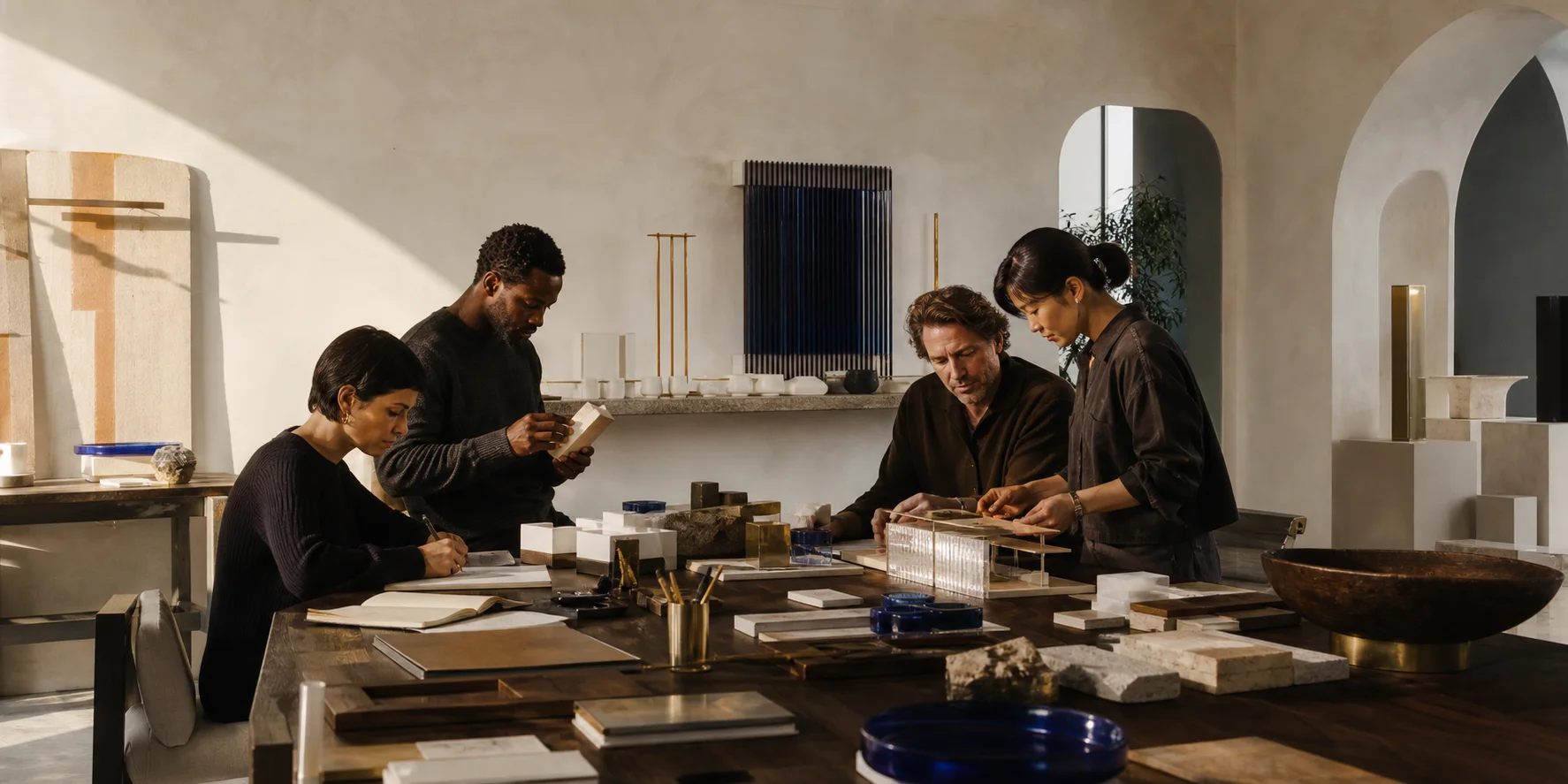 A multidisciplinary team shaping ideas and physical prototypes together in a sunlit workshop