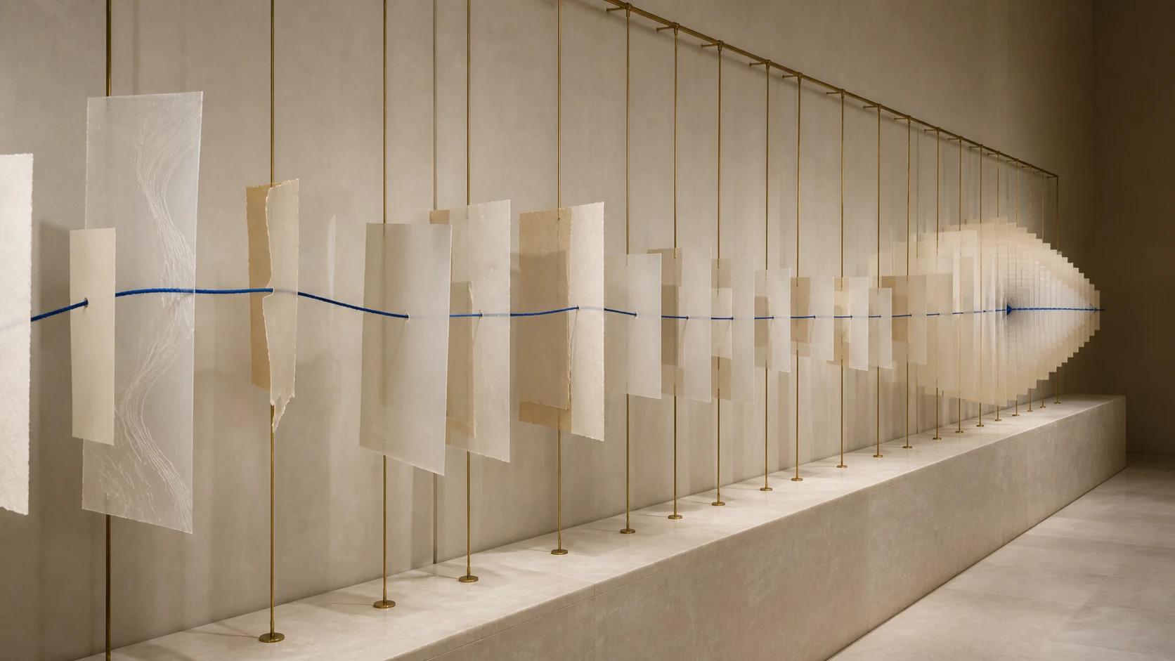 A cobalt cord passing through suspended layers of paper as they align into a precise structure